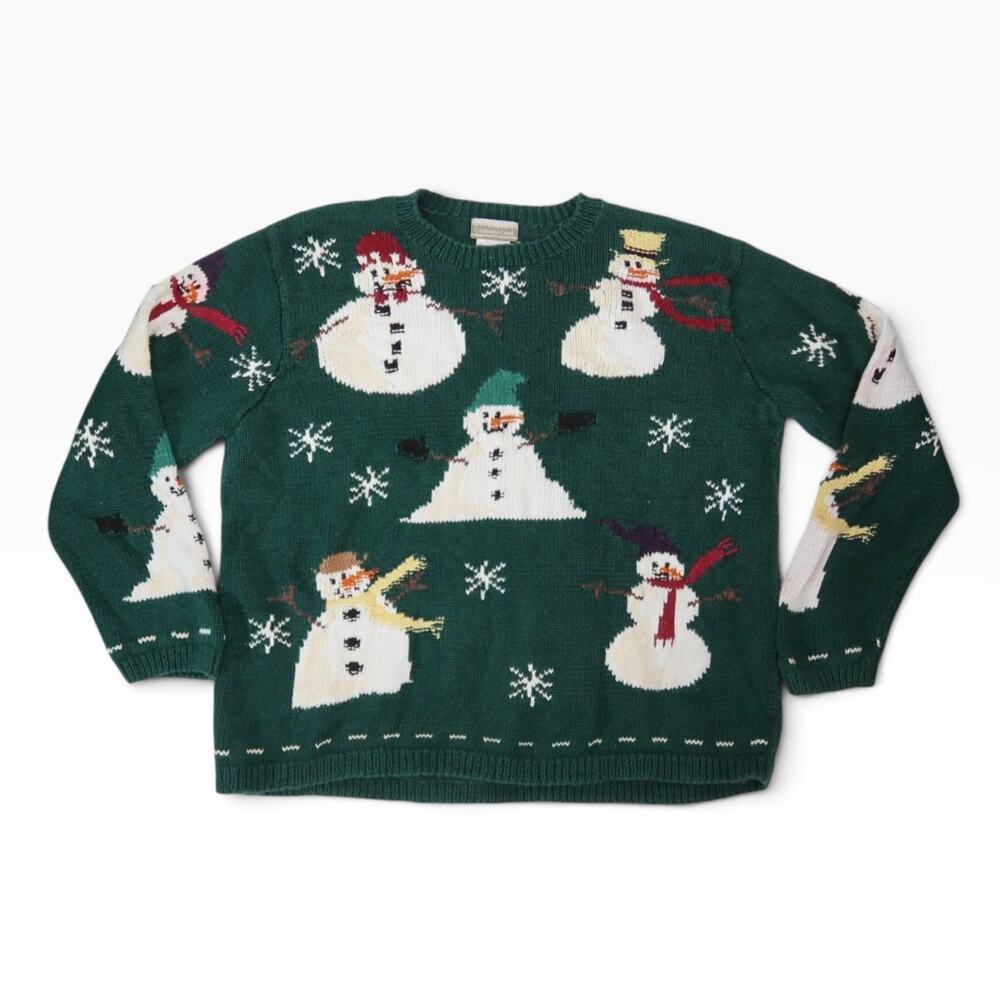 Vintage Coldwater Creek Dark Green Snowman Winter Christmas Sweater 2X